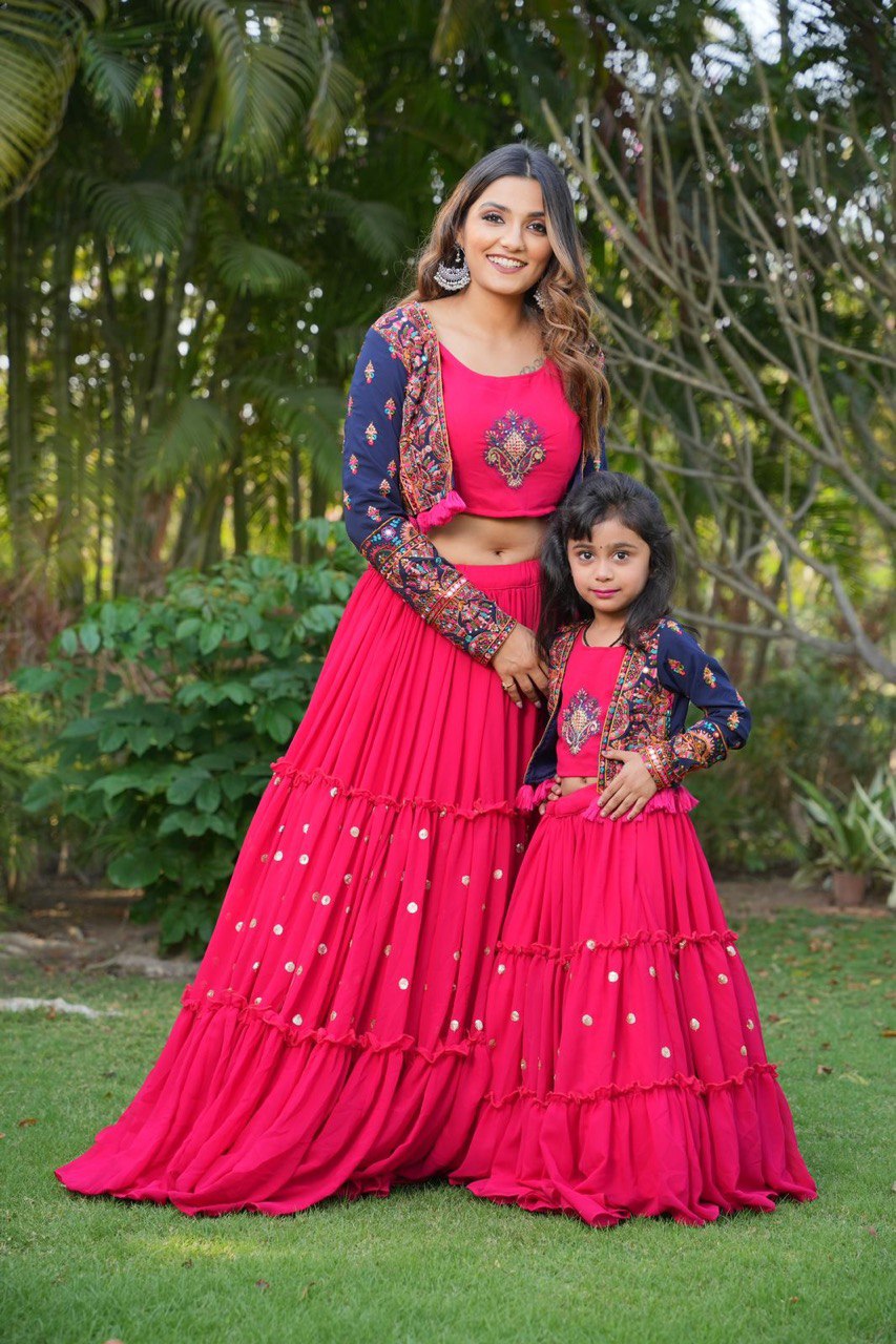 Pink Mom-Daughter Combo Lehenga Choli with Jacket ClothsVilla