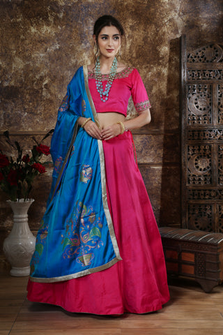 Pink Moti Stone Foil Print Silk Lehenga Choli ClothsVilla