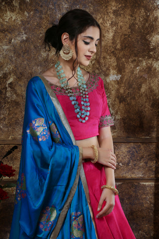 Pink Moti Stone Foil Print Silk Lehenga Choli ClothsVilla