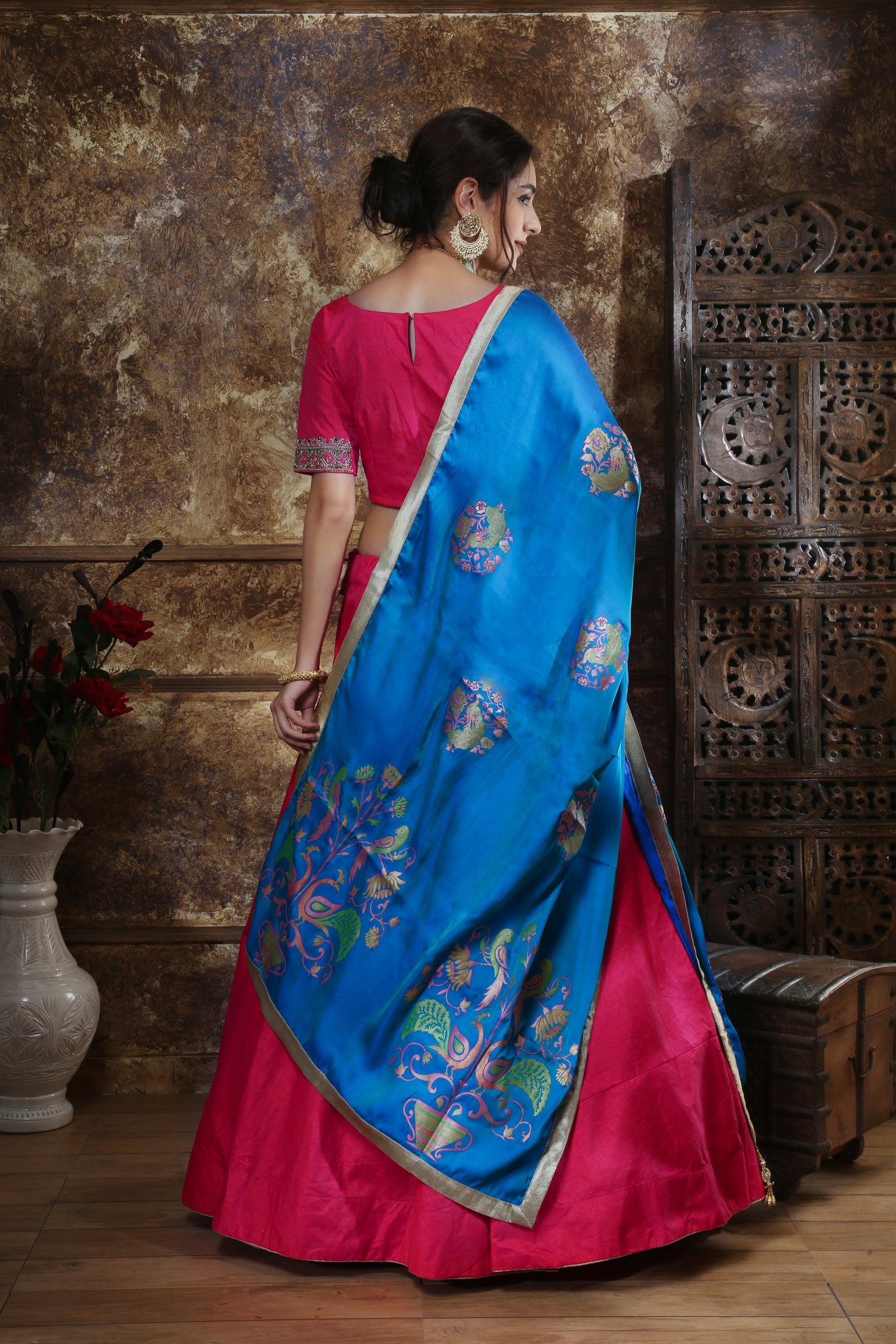 Pink Moti Stone Foil Print Silk Lehenga Choli ClothsVilla