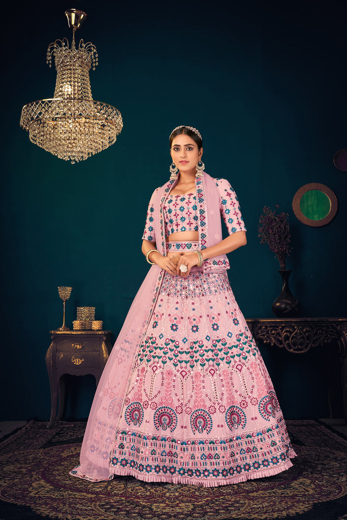 Pink Multi-Thread, Sequins, And Gota Patti Embroidered Georgette Semi Stitched Wedding And Party Lehenga ClothsVilla
