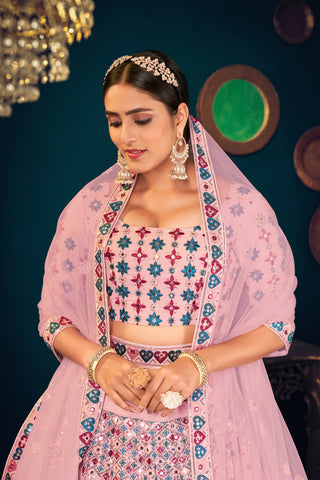 Pink Multi-Thread, Sequins, And Gota Patti Embroidered Georgette Semi Stitched Wedding And Party Lehenga ClothsVilla