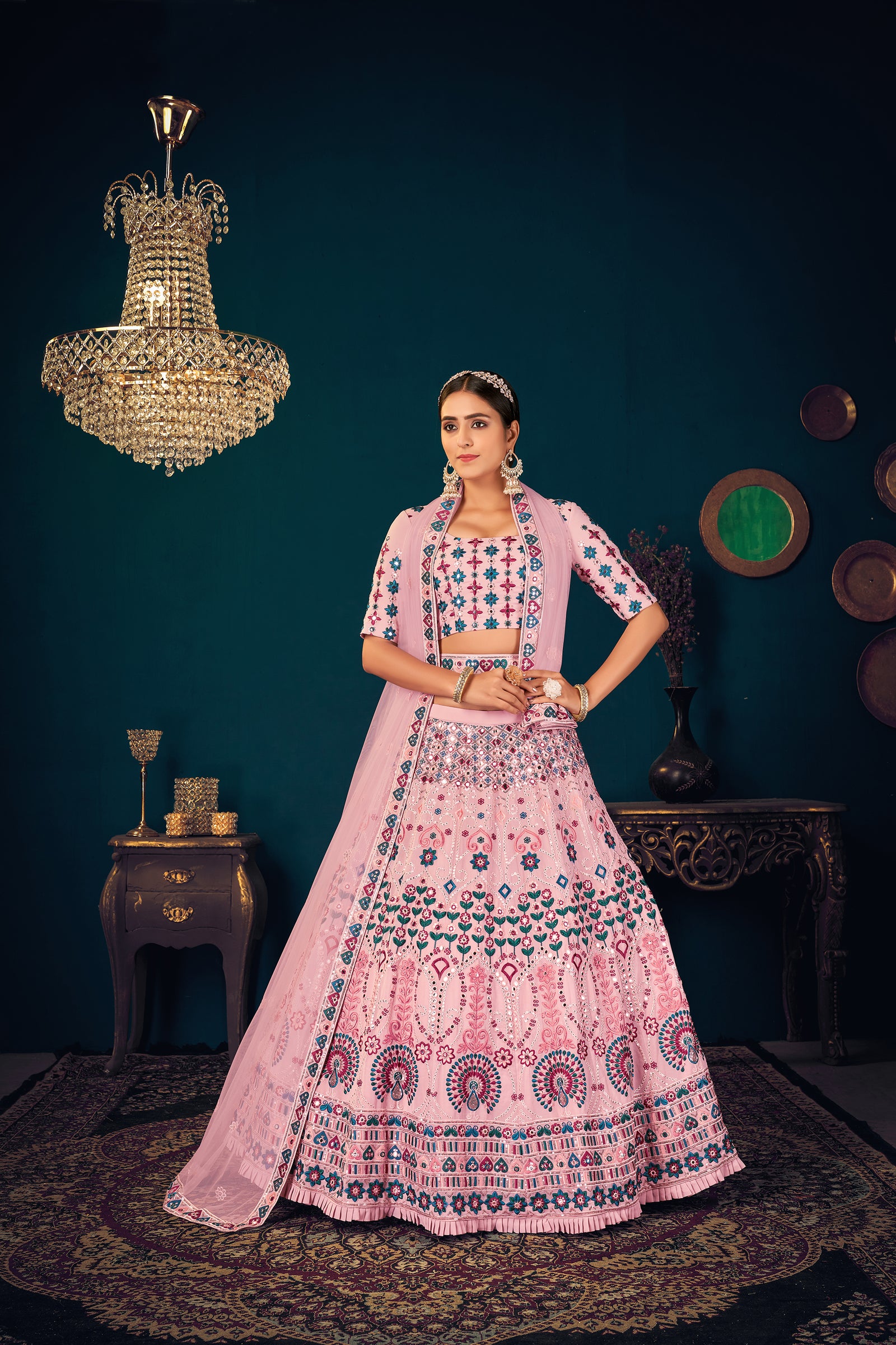 Pink Multi-Thread, Sequins, And Gota Patti Embroidered Georgette Semi Stitched Wedding And Party Lehenga ClothsVilla