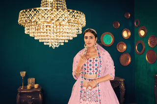 Pink Multi-Thread, Sequins, And Gota Patti Embroidered Georgette Semi Stitched Wedding And Party Lehenga ClothsVilla
