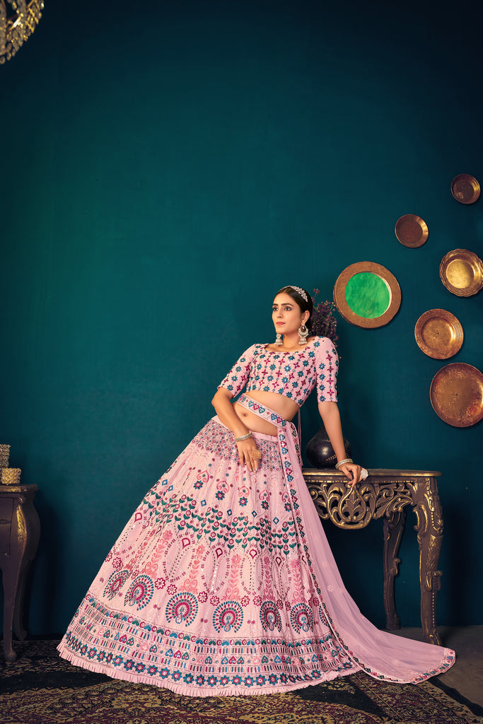 Pink Multi-Thread, Sequins, And Gota Patti Embroidered Georgette Semi Stitched Wedding And Party Lehenga ClothsVilla