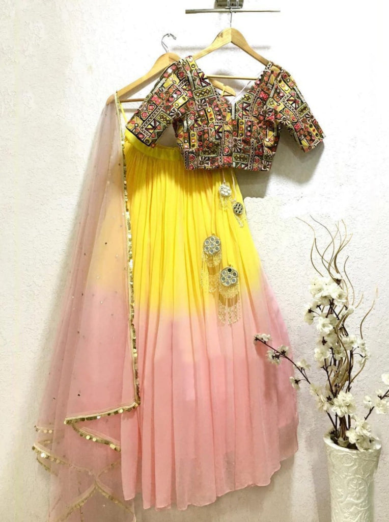 Anushree Reddy Embroidered Pink lehenga with yellow scalloped dupatta set |  DateTheRamp