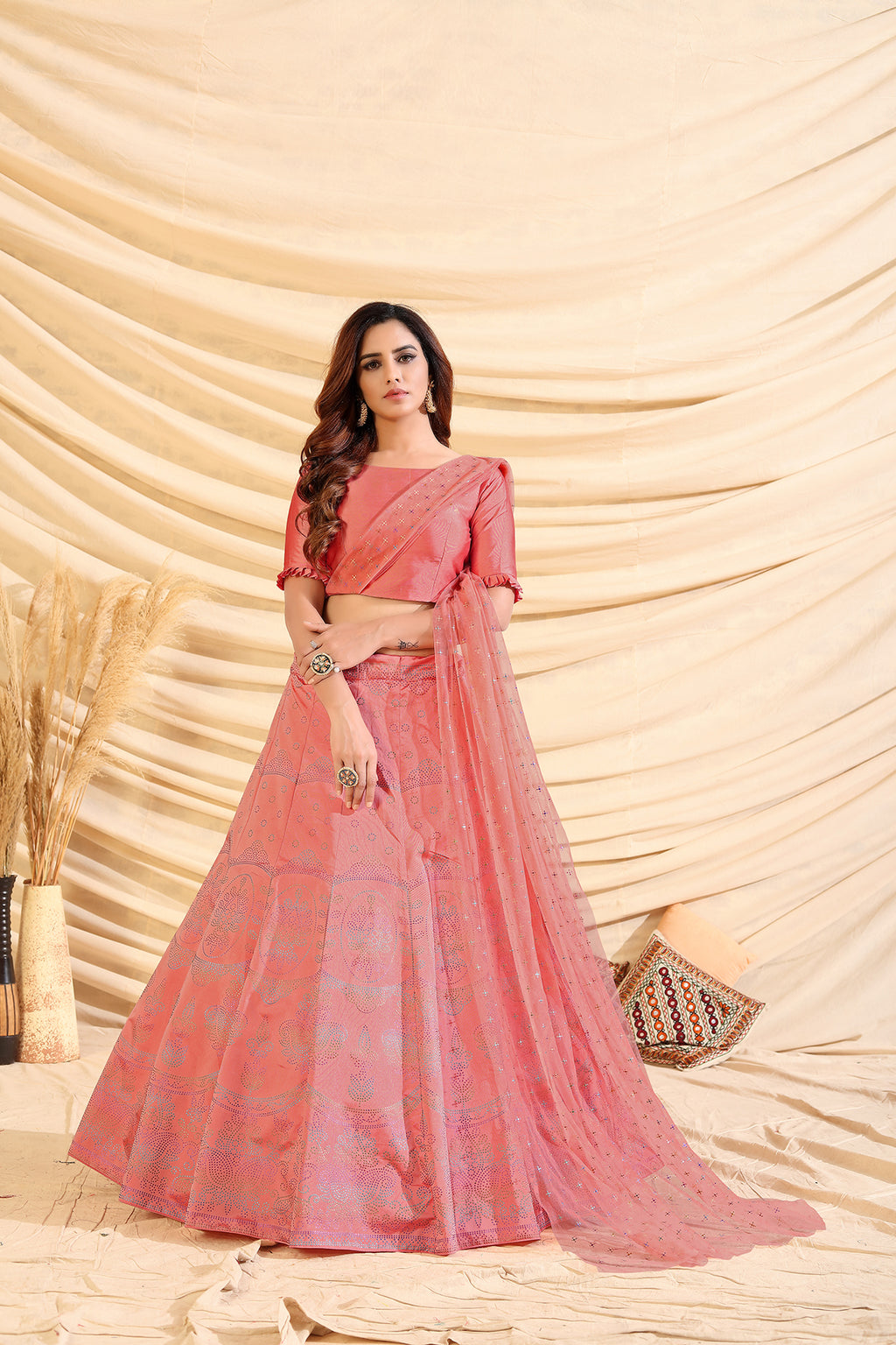 Pink Pigment Foil Printed Taffeta Silk Semi Stitched Partywear Lehenga ClothsVilla
