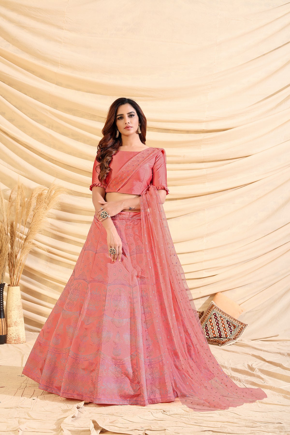 Pink Pigment Foil Printed Taffeta Silk Semi Stitched Partywear Lehenga ClothsVilla
