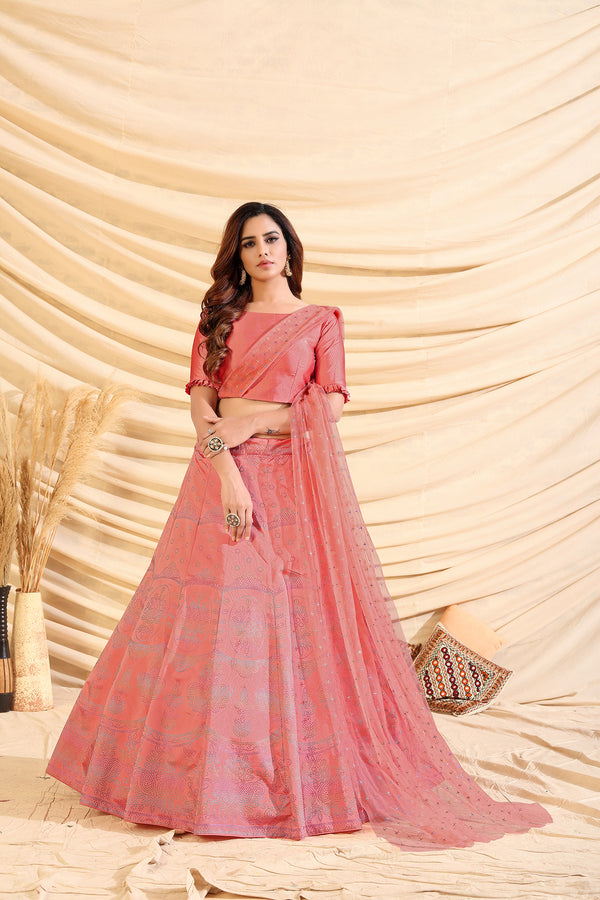Pink Pigment Foil Printed Taffeta Silk Semi Stitched Partywear Lehenga ClothsVilla