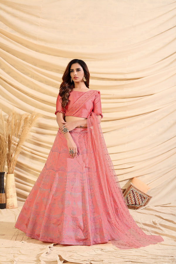 Pink Pigment Foil Printed Taffeta Silk Semi Stitched Partywear Lehenga ClothsVilla