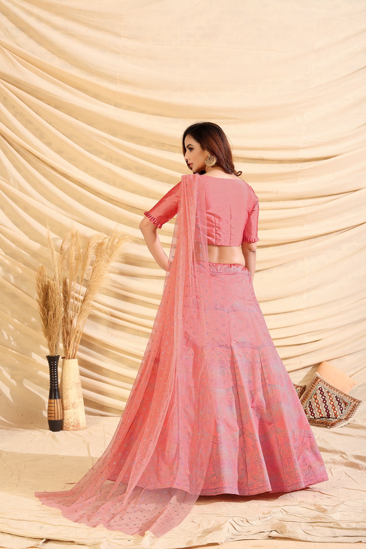 Pink Pigment Foil Printed Taffeta Silk Semi Stitched Partywear Lehenga ClothsVilla