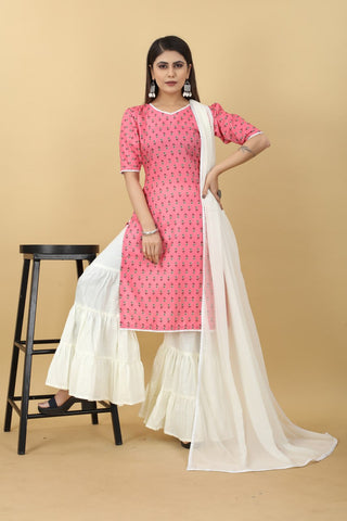 Pink Printed Cotton Kurti with Sharara And Dupatta ClothsVilla.com