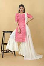 Load image into Gallery viewer, Pink Printed Cotton Kurti with Sharara And Dupatta ClothsVilla.com