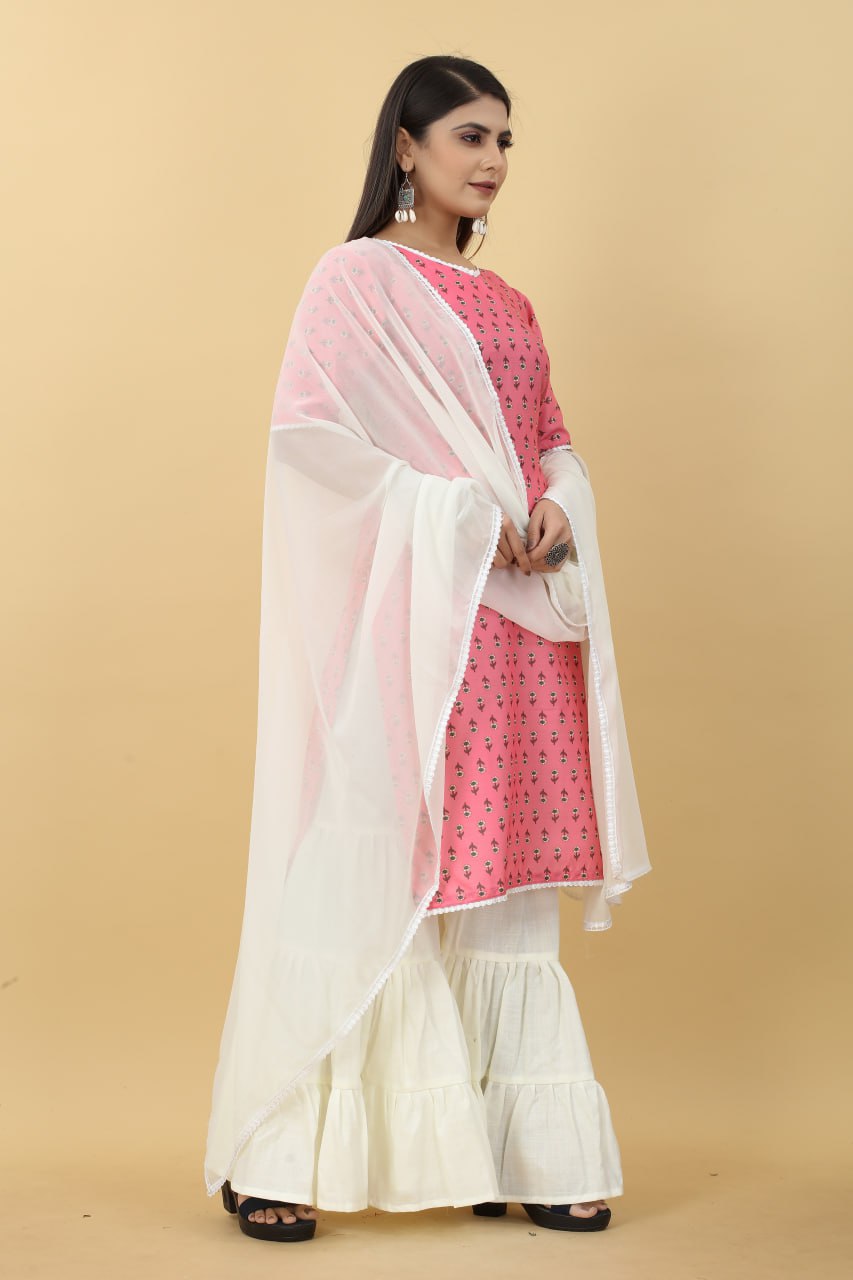 Pink Printed Cotton Kurti with Sharara And Dupatta ClothsVilla.com