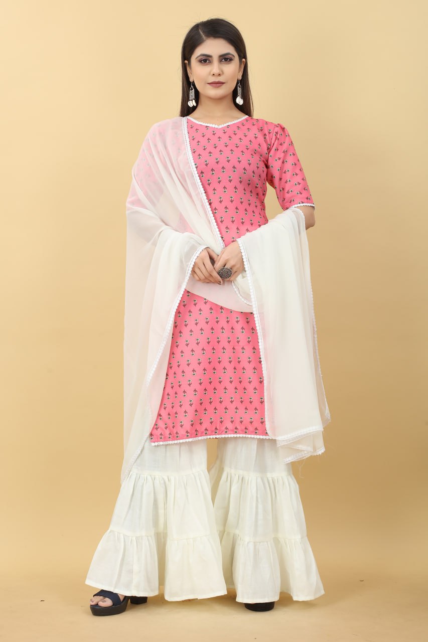 Pink Printed Cotton Kurti with Sharara And Dupatta ClothsVilla.com Main image