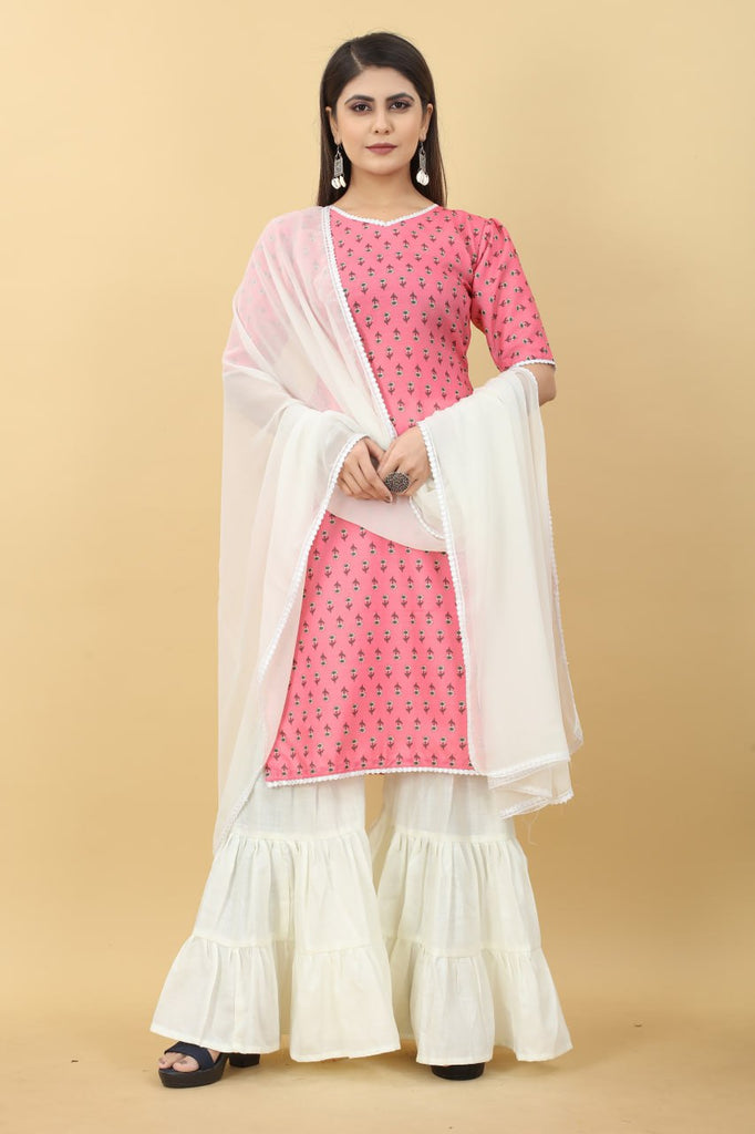 Pink Printed Cotton Kurti with Sharara And Dupatta ClothsVilla.com