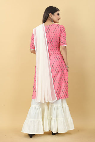 Pink Printed Cotton Kurti with Sharara And Dupatta ClothsVilla.com