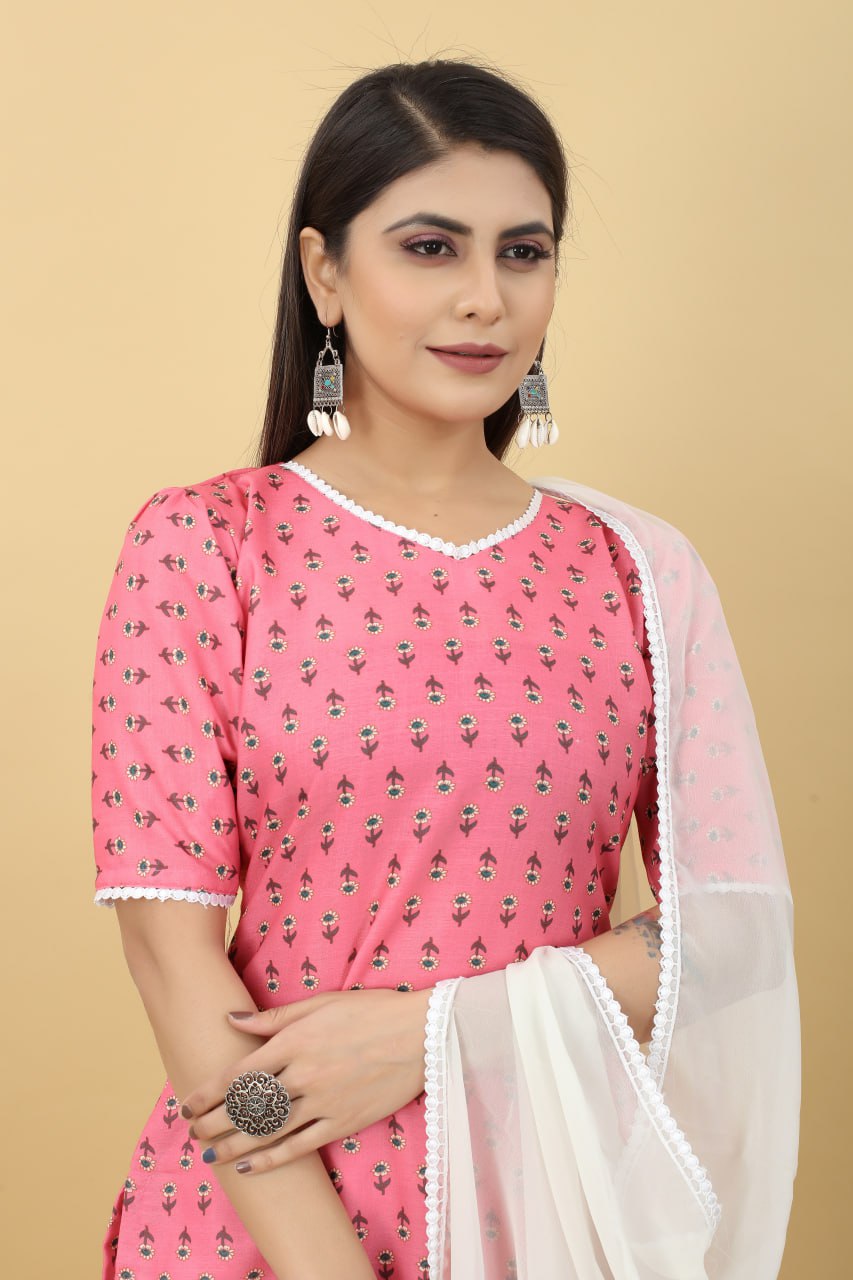 Pink Printed Cotton Kurti with Sharara And Dupatta ClothsVilla.com