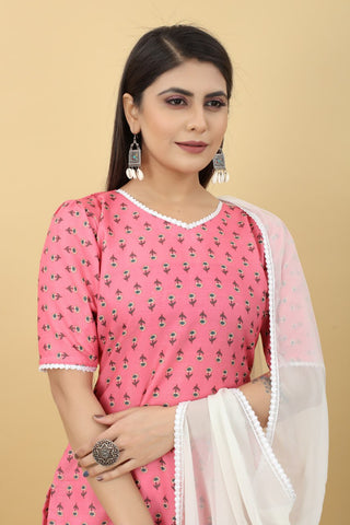 Pink Printed Cotton Kurti with Sharara And Dupatta ClothsVilla.com