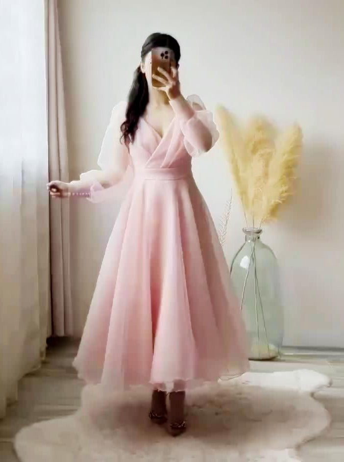 Pink Prom Dresses V-Neck Puffy Sleeves A-Line Evening Gown for Wedding Clothsvilla