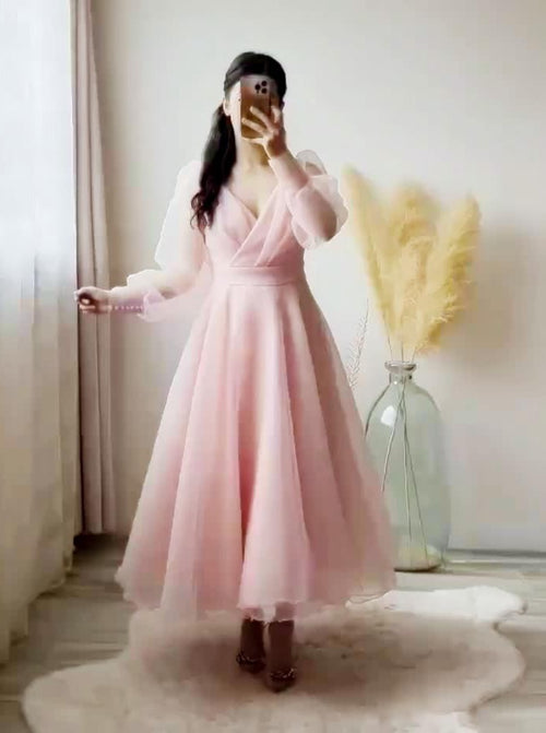 Pink Prom Dresses V-Neck Puffy Sleeves A-Line Evening Gown for Wedding Clothsvilla