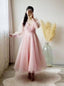 Pink Prom Dresses V-Neck Puffy Sleeves A-Line Evening Gown for Wedding Clothsvilla