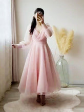Load image into Gallery viewer, Pink Prom Dresses V-Neck Puffy Sleeves A-Line Evening Gown for Wedding Clothsvilla
