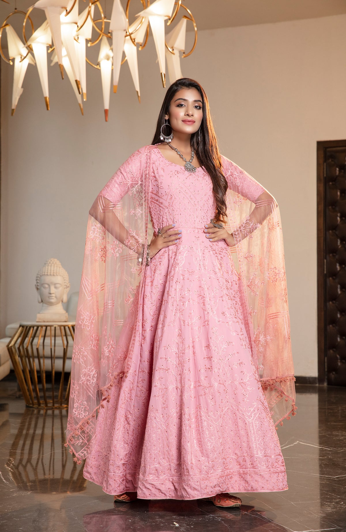Pink Resham Stonework Georgette Soft Net Anarkali Salwar Suit ClothsVilla Main image