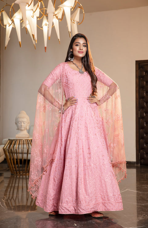Pink Resham Stonework Georgette Soft Net Anarkali Salwar Suit ClothsVilla Main image