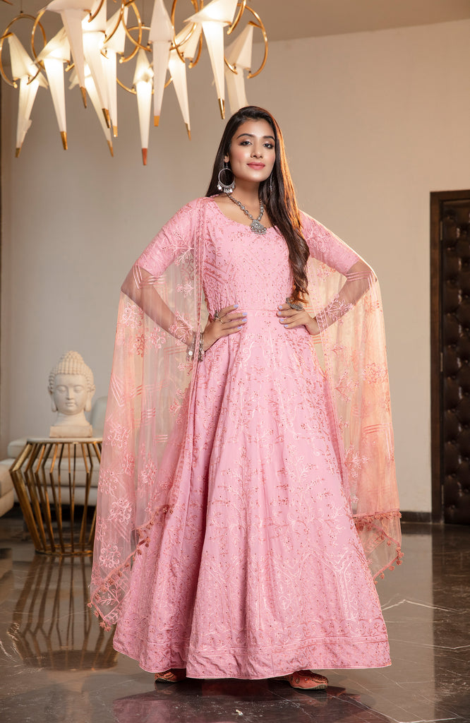Pink Resham Stonework Georgette Soft Net Anarkali Salwar Suit ClothsVilla