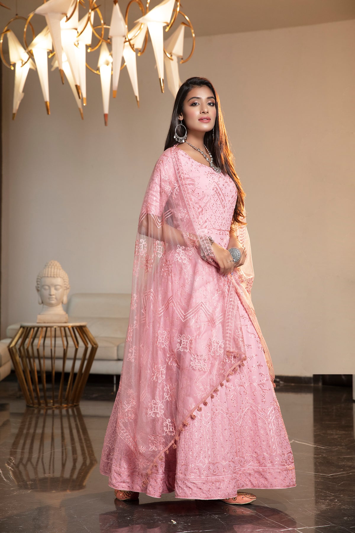 Pink Resham Stonework Georgette Soft Net Anarkali Salwar Suit ClothsVilla
