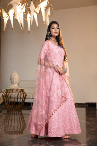 Pink Resham Stonework Georgette Soft Net Anarkali Salwar Suit ClothsVilla