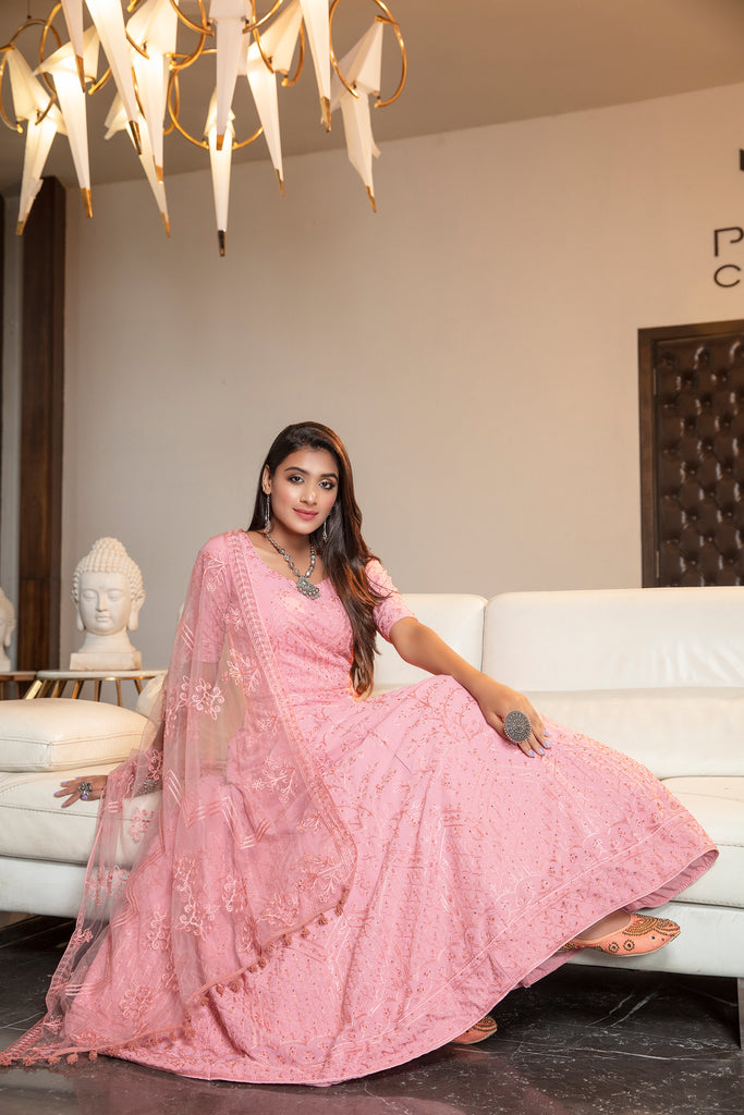 Pink Resham Stonework Georgette Soft Net Anarkali Salwar Suit ClothsVilla
