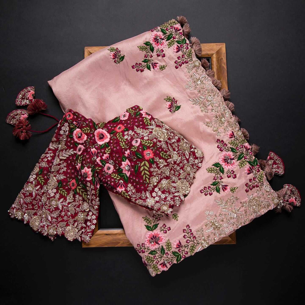 Pink Saree In Organza Silk With Resham And Zari Work Clothsvilla