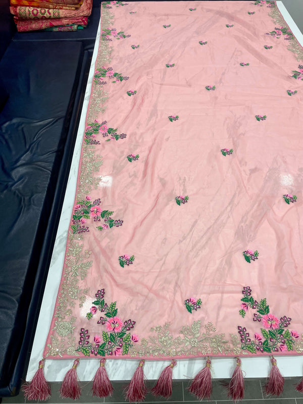 Pink Saree In Organza Silk With Resham And Zari Work Clothsvilla