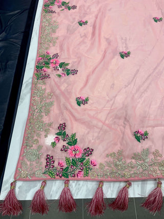 Pink Saree In Organza Silk With Resham And Zari Work Clothsvilla