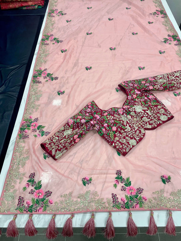 Pink Saree In Organza Silk With Resham And Zari Work Clothsvilla