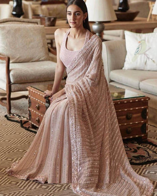Pink Saree in Georgette With Sequence and Zari Work Clothsvilla