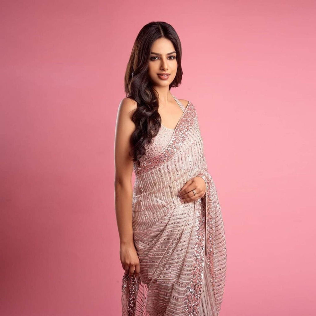 Pink Saree in Georgette With Sequence and Zari Work Clothsvilla