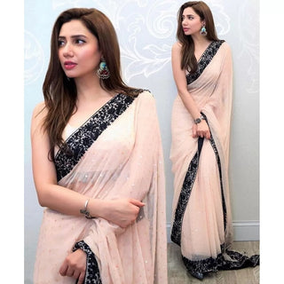Pink Saree in Georgette with Sequence Work Lace with Blouse ClothsVilla