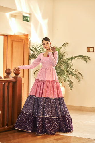 Pink Semi Stitched Georgette Foil Print Long Gown ClothsVilla