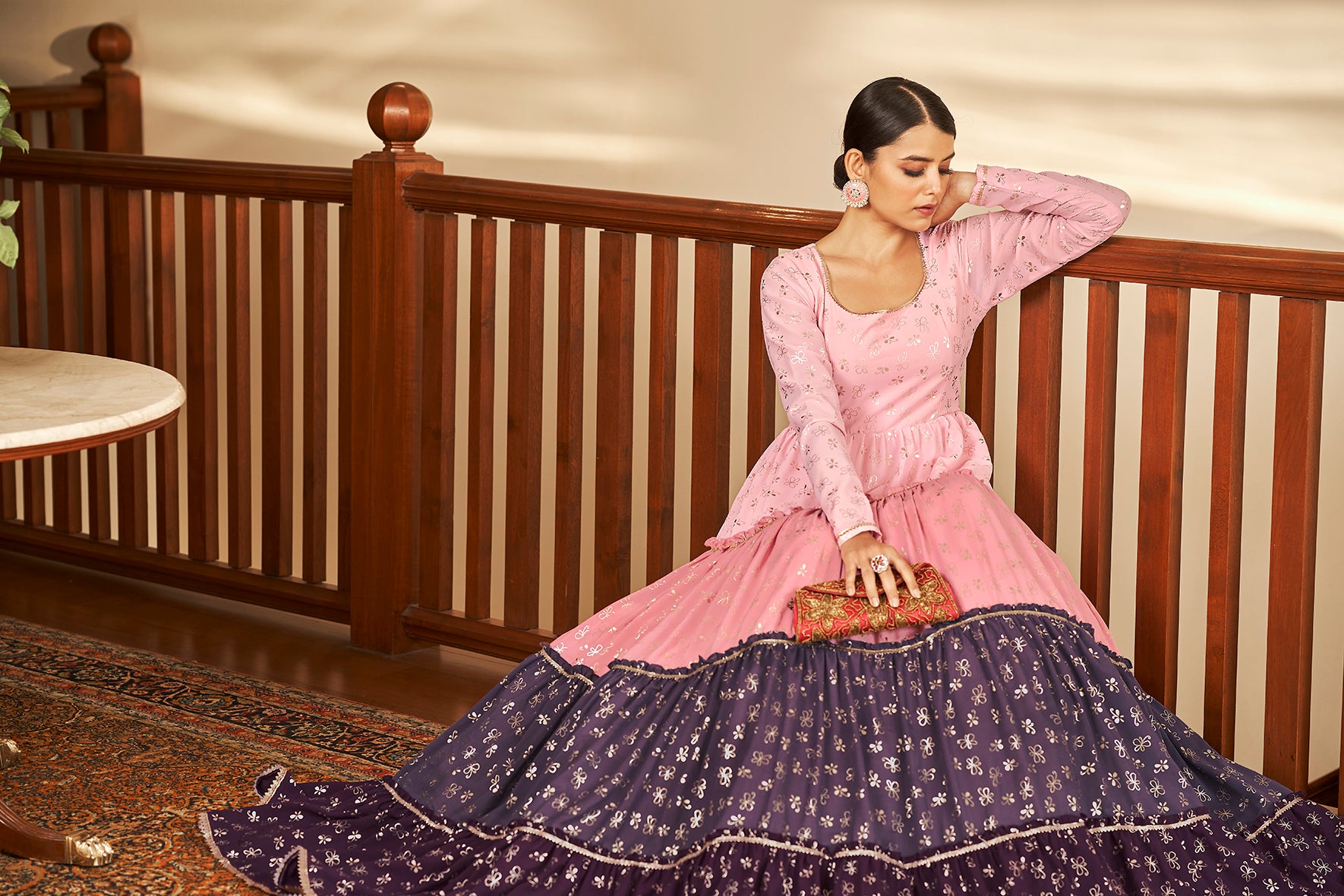 Pink Semi Stitched Georgette Foil Print Long Gown ClothsVilla