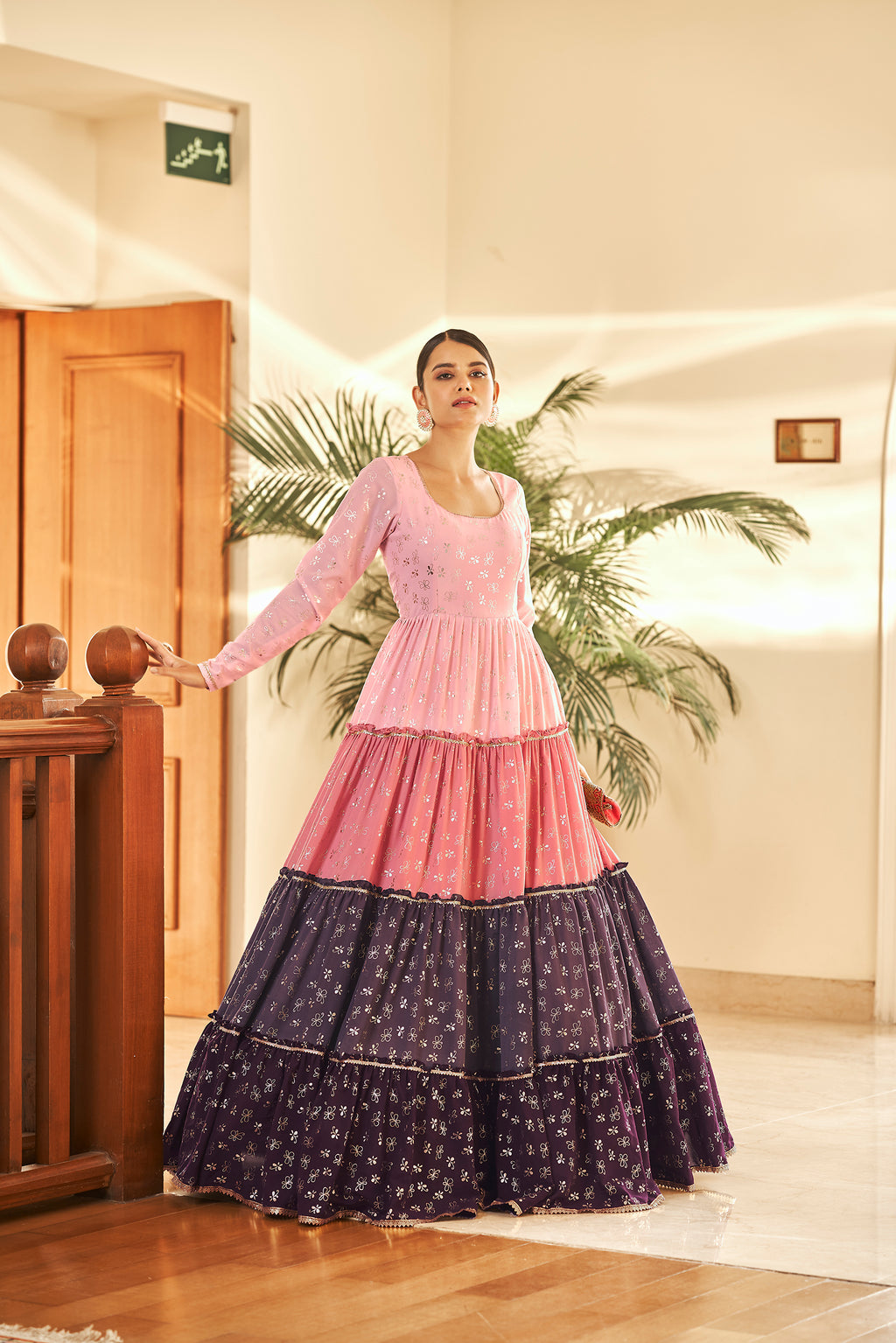 Pink Semi Stitched Georgette Foil Print Long Gown ClothsVilla