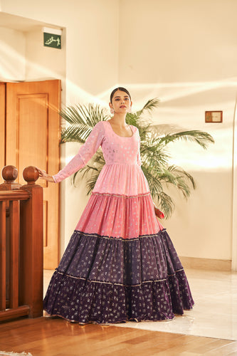 Pink Semi Stitched Georgette Foil Print Long Gown ClothsVilla