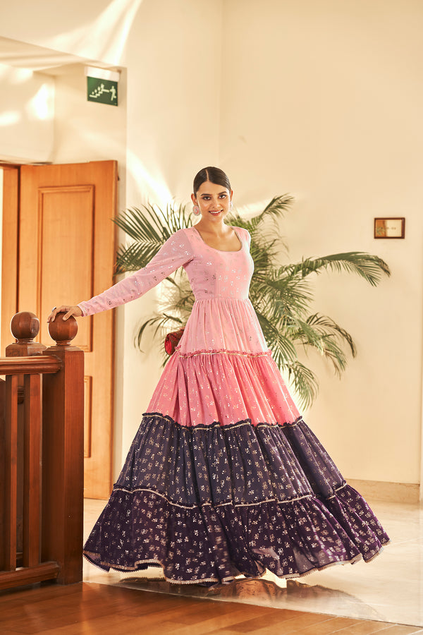 Pink Semi Stitched Georgette Foil Print Long Gown ClothsVilla