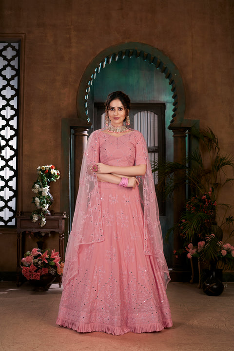 Pink Thread Embroidered Georgette Wedding Wear Lehenga Choli ClothsVilla Main image