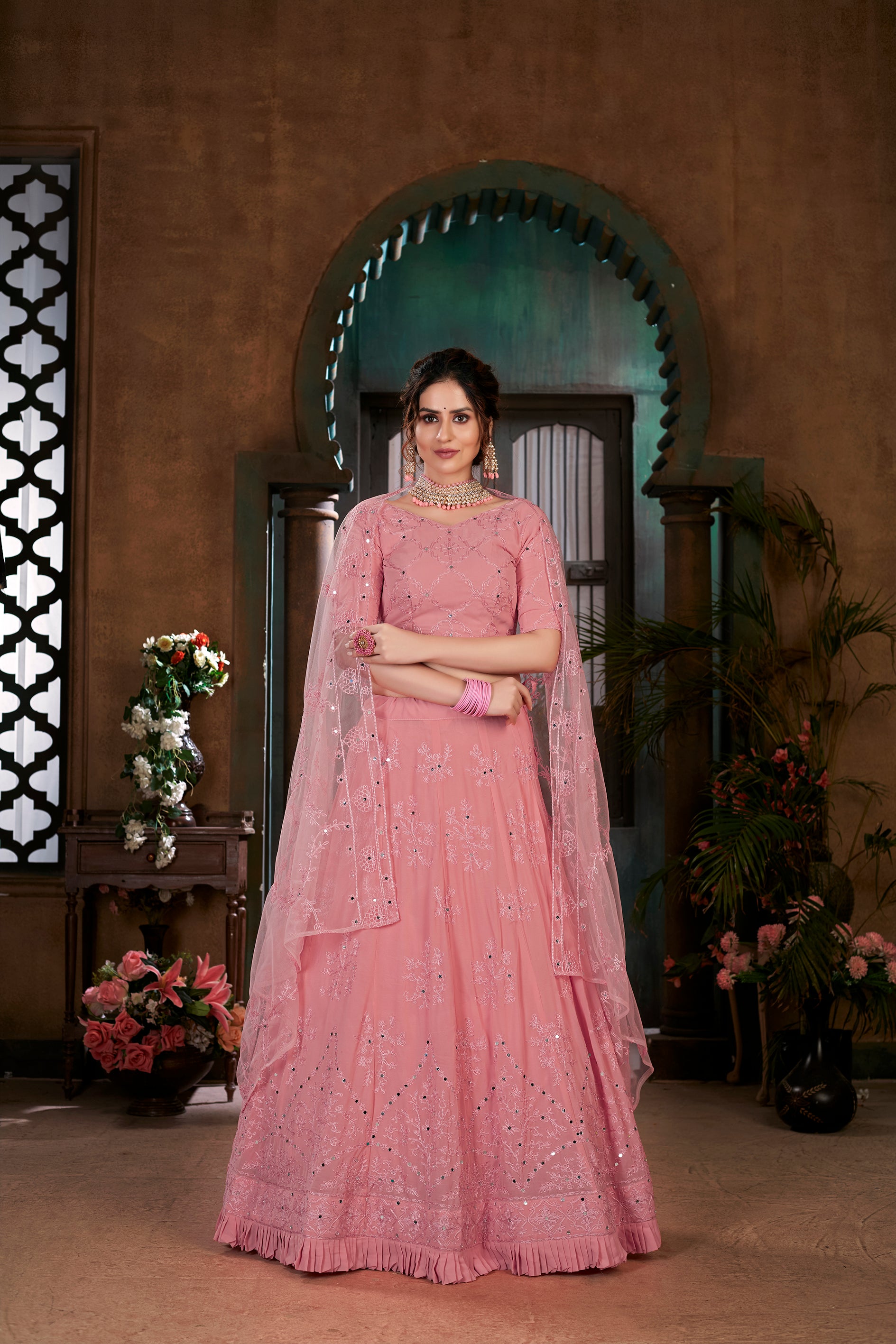 Pink Thread Embroidered Georgette Wedding Wear Lehenga Choli ClothsVilla