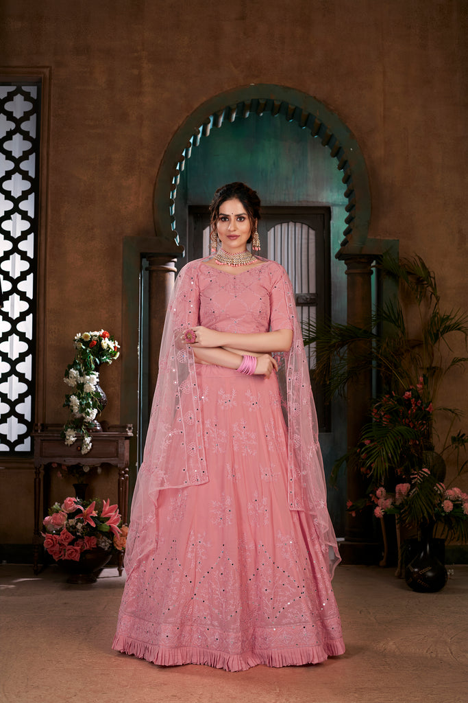 Pink Thread Embroidered Georgette Wedding Wear Lehenga Choli ClothsVilla