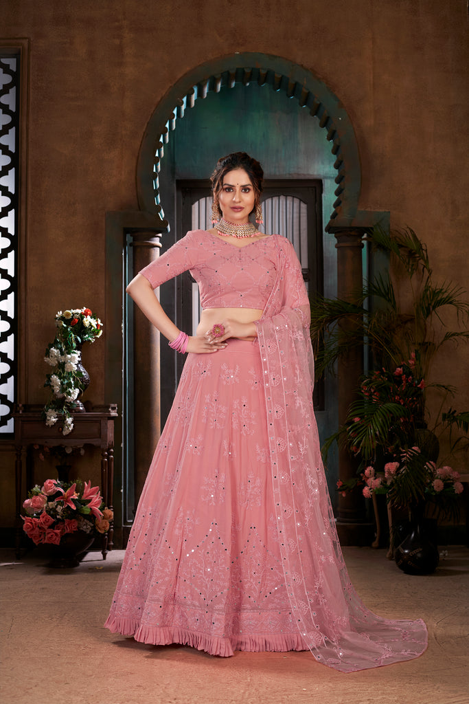 Pink Thread Embroidered Georgette Wedding Wear Lehenga Choli ClothsVilla
