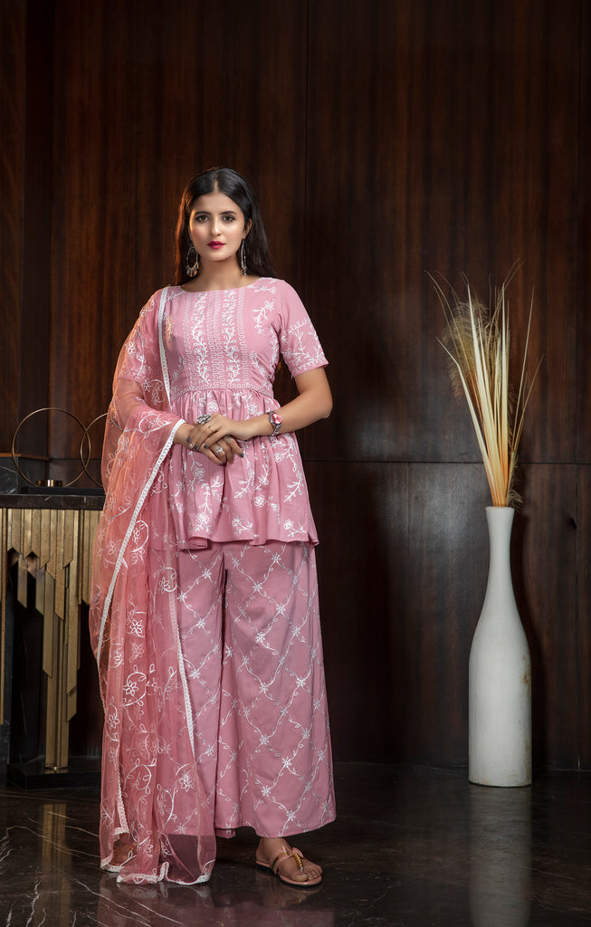 Pink Thread Embroidery Work Festival Wear Peplum Salwar Kameez ClothsVilla